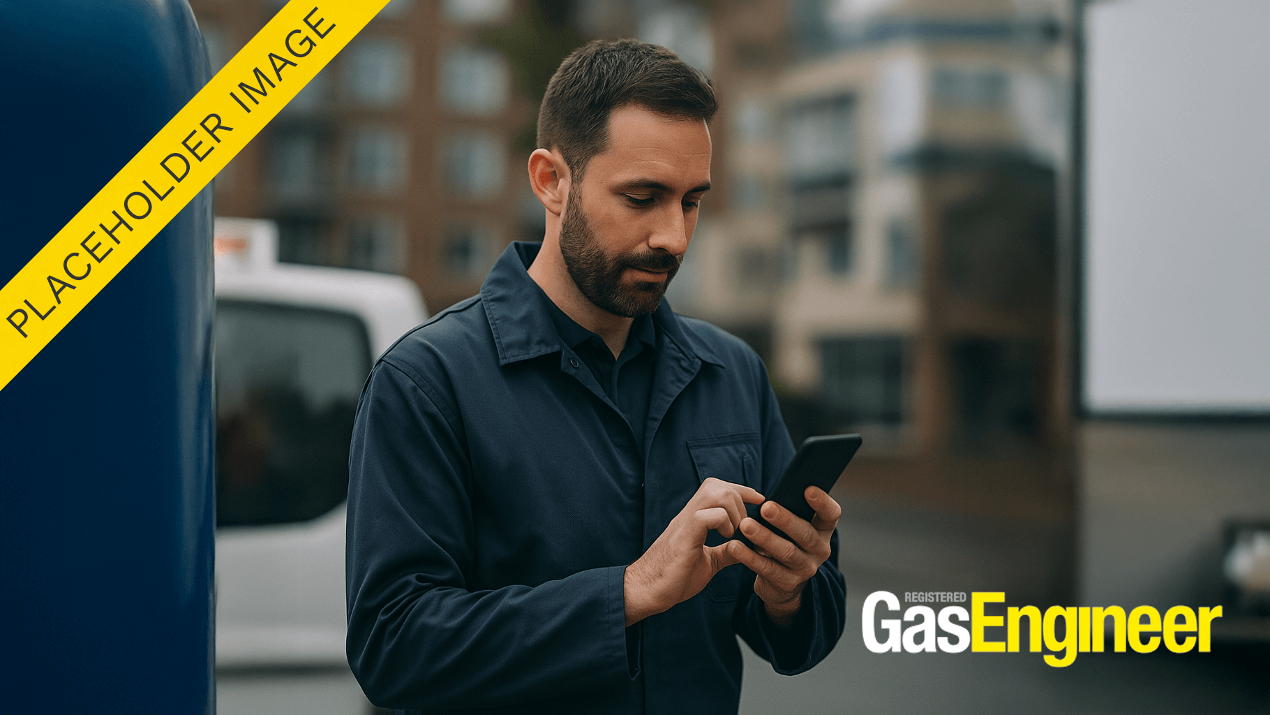 Placeholder image of a registered gas engineer using a mobile phone on-site