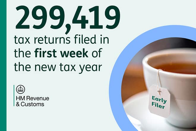 Graphic of text from HMRC featuring a cup of tea. Tex reads 299,419 tax returns filed in the first week of the new year