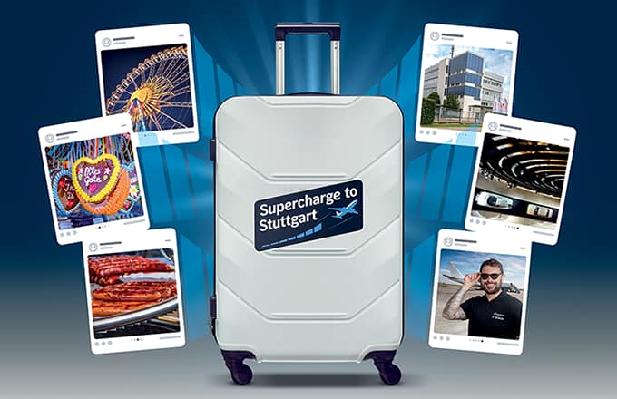 A suitcase surrounded by polaroid style holiday pictures