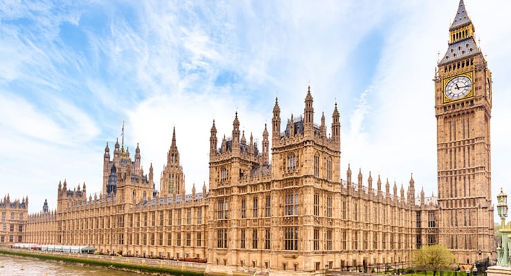 Riverside view of the UK Houses of Parliament