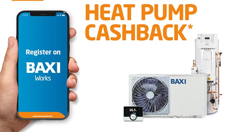 A composite image of a hand holding a phone showing Baxi on the screen, with heat pumps in the background of the image. Text reads Heat Pump Cashback