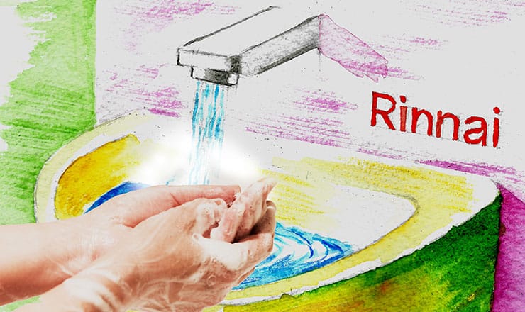 An image of someone washing their hands in a sink branded with the Rinnai logo