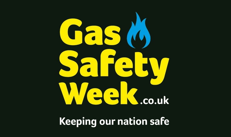 Logo for Gas Safety week. Yellow text on a black background. Text reads Gas Safety Week .co.uk keeping our nation safe