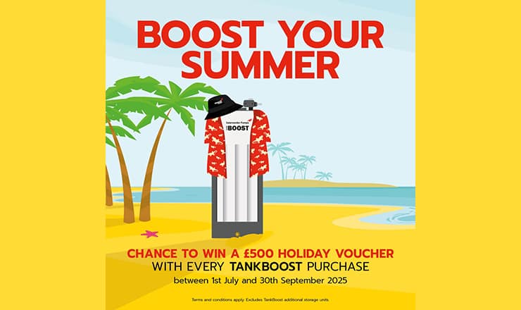 Promo poster for Salamander Pumps' TankBoost. Copy reads: Boost your summer. Chance to win a £500 holiday voucher with every TankBoost purchase