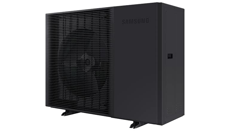 Samsung EHS Mono R290 heat pump, black heat pump, isolated on white background, angled view