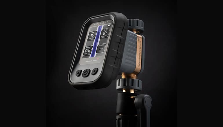 Product image of Salamander Pumps' Aquascan digital water multimeter on a black background